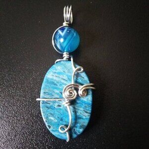 Blue Crazy Lace Agate & Banded Blue Agate ~ Wire Wrapped! Stacked Stone Pendant
